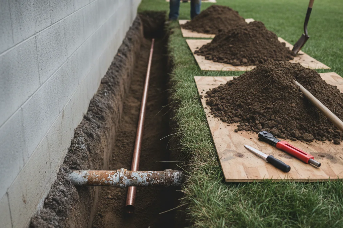 Excavated water line trench during Sewer Line Repair in O Fallon